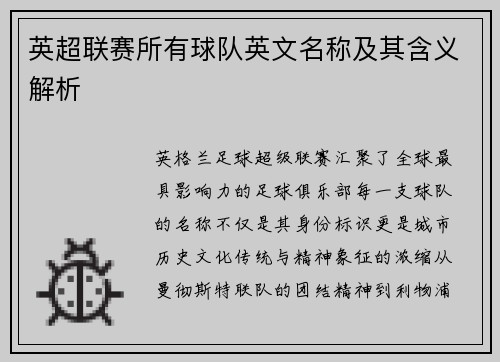 英超联赛所有球队英文名称及其含义解析